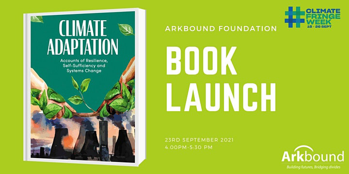 A green background with a dark green book titled Climate Adaptation, and white text reading 'Book Launch'.