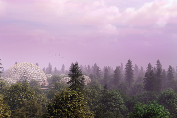 A view over the treetops of a forest, with a pink sky and a a domed structure resembling the Eden Project. 