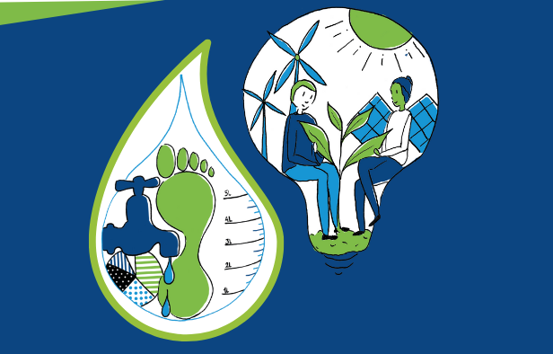 Illustration shows a lightbulb with with two people inside surrounded by plants, wind turbines and solar panels.
