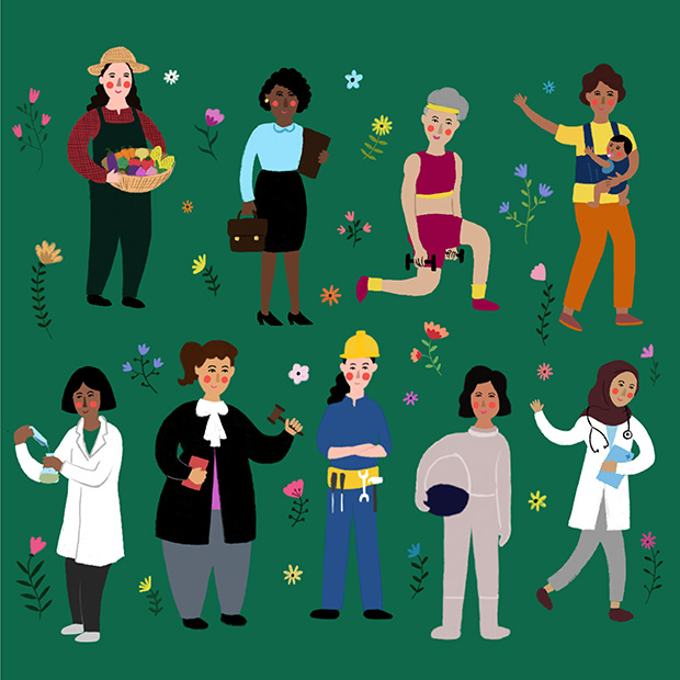 Illustration shows different women on a green background; a farmer, business woman, fitness coach, mother, doctor, scientist, judge, builder and astronaut.