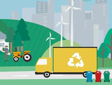 Illustration on a recycling van, a farmer and some wind turbines.