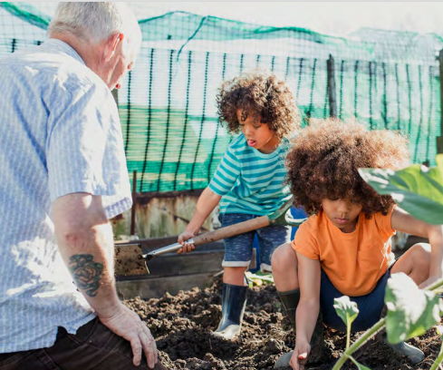 An elderly man helps two children plant vegetables outside.