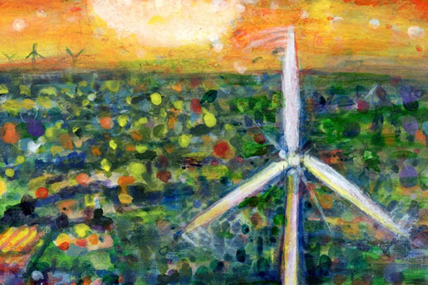 A painting of a landscape with fields, a sunset and wind turbine.