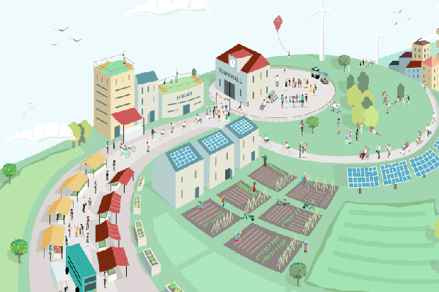 Image shows an illustration of an 'eco town'