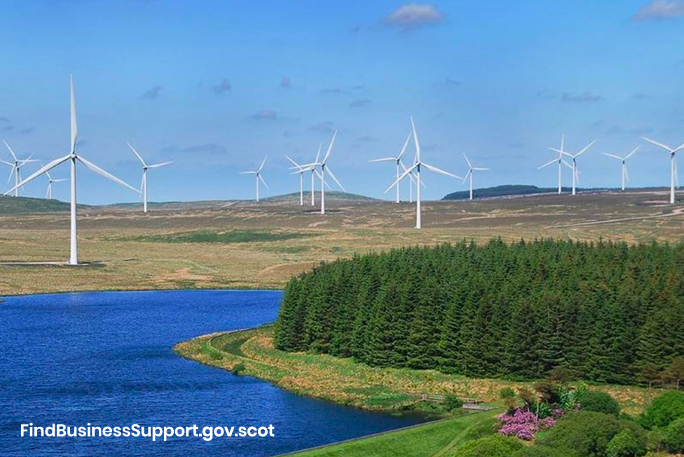 Wind turbines next to a forest and loch