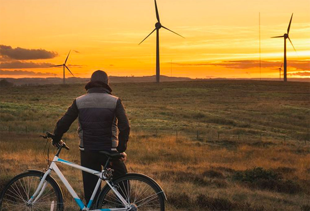 Man resting against a bicycle looking at wind turbines and the setting sun