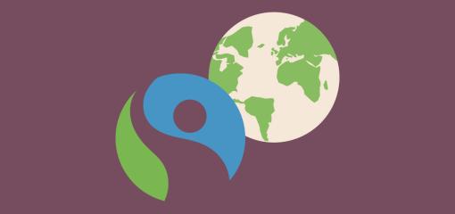 Illustration of fairtrade logo and planet earth on a purple background