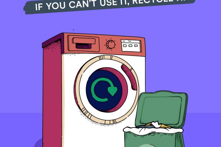A washing machine next to a food bin