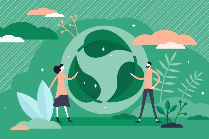 An illustration of two people standing around a green circle with leaves in the middle.