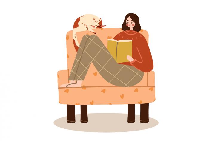 An illustration of a person sitting in a chair reading, with a cat sleeping on the back of the chair