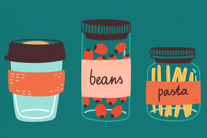 An illustration of a keep cup and two jars with dried beans and pasta in them