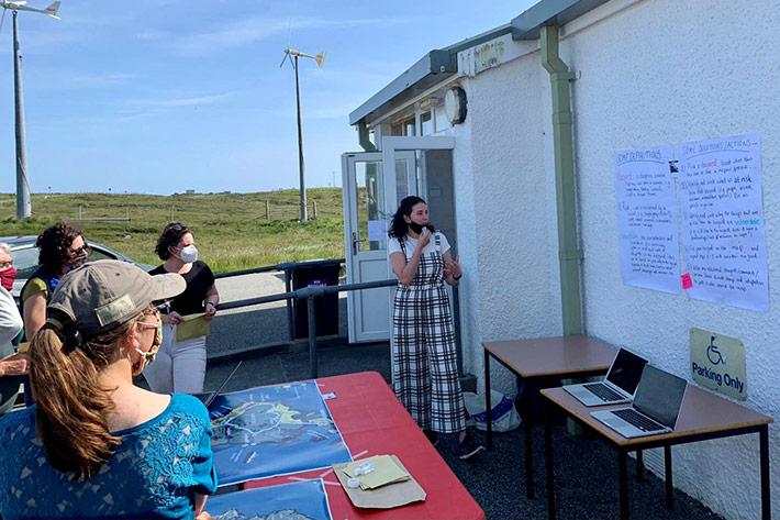 Connie Dawson from the Climate Beacons partnership leading a mapping workshop at Carinish Hall North Uist