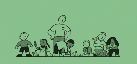 A green illustration of a group of kids planting flowers.