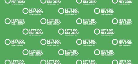 A green background with white text on top saying let's do net zero