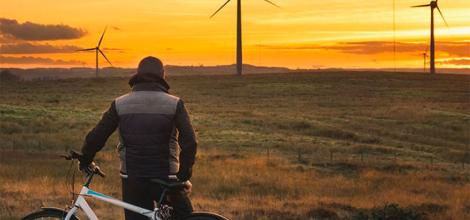 Man resting against a bicycle looking at wind turbines and the setting sun