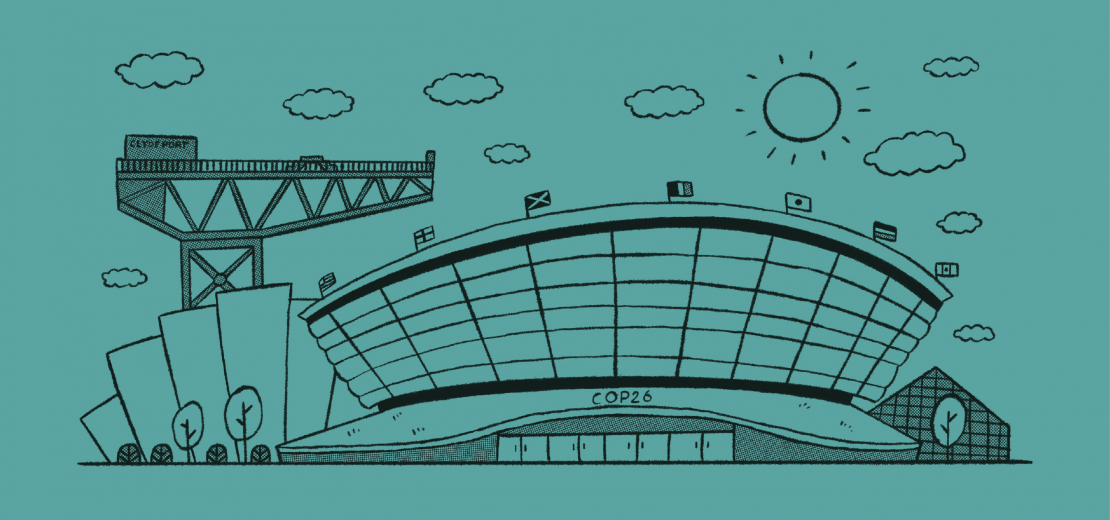 A turquoise illustration of the Scottish Exhibition Centre in Glasgow.